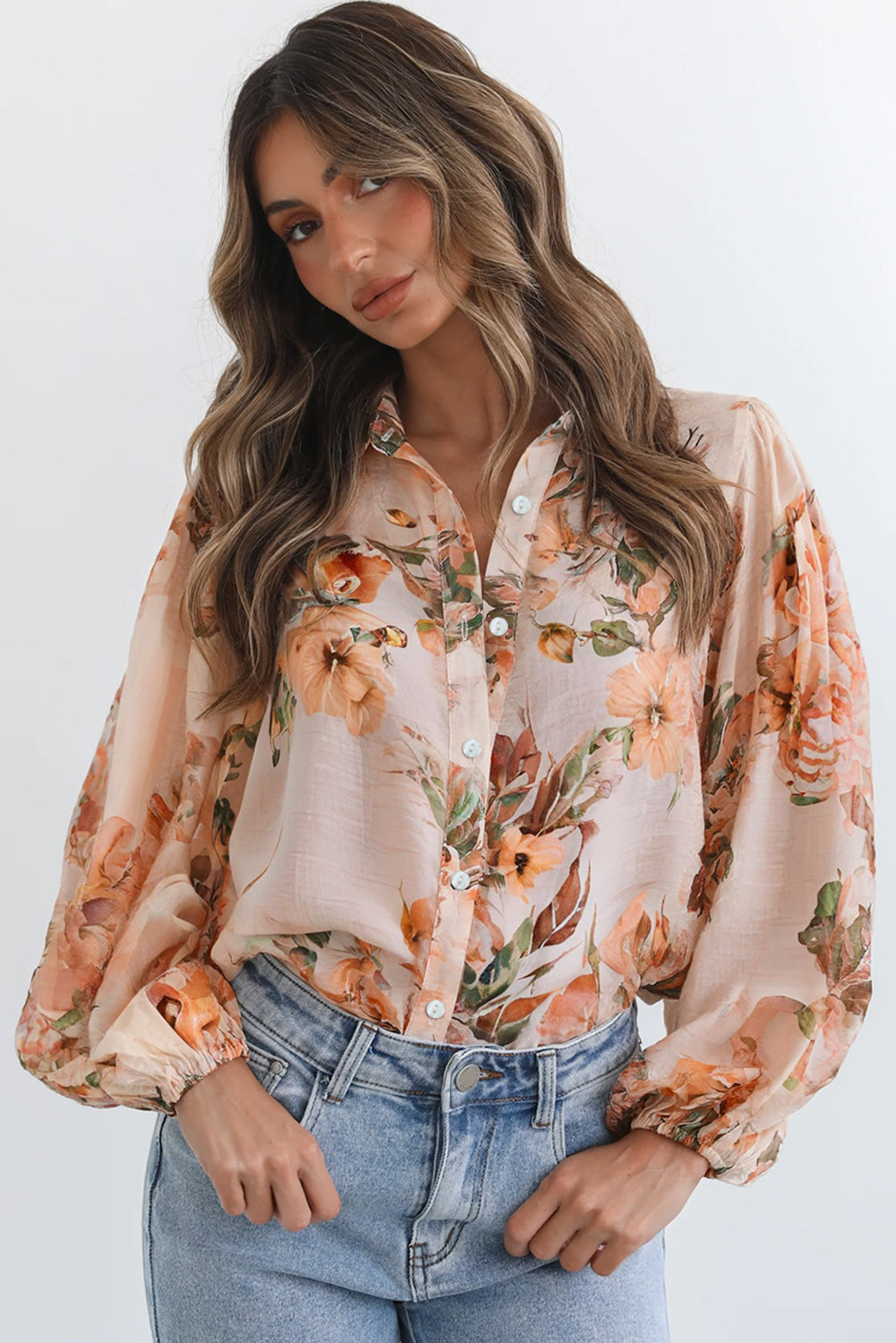 Orange Floral Puff Sleeve Lightweight Shirt