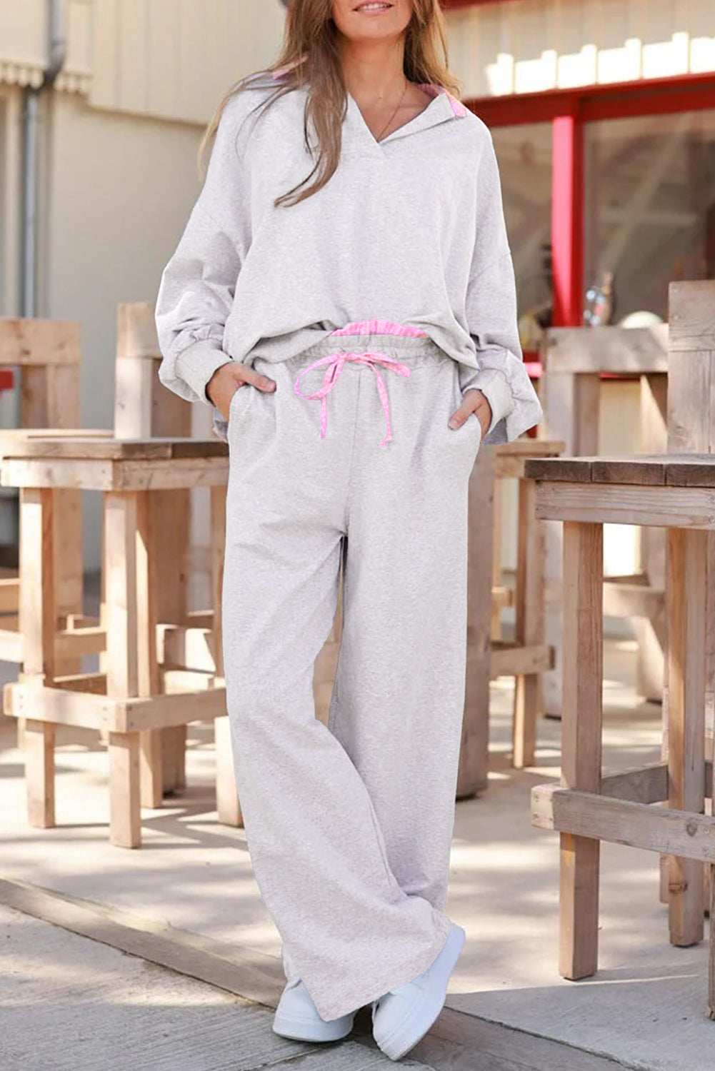 Light Grey Stripe Patchwork Loose Long Sleeve Top Drawstring Waist Pants Set