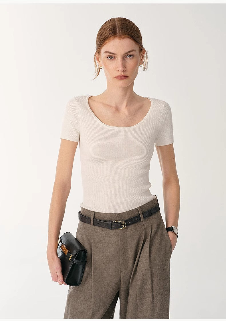 LINDIS Wool Mulberry Silk Classic Short-Sleeved Round Neck T-Shirt for Women