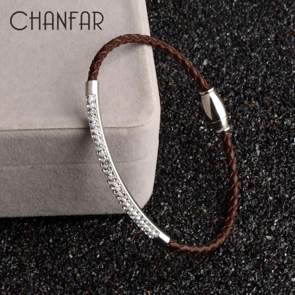 Chanfar Genuine Leather Bracelet for Women Rhinestone Pave Stainless Steel Magnetic Clasp Wrap Women Bracelet Simple Jewelry