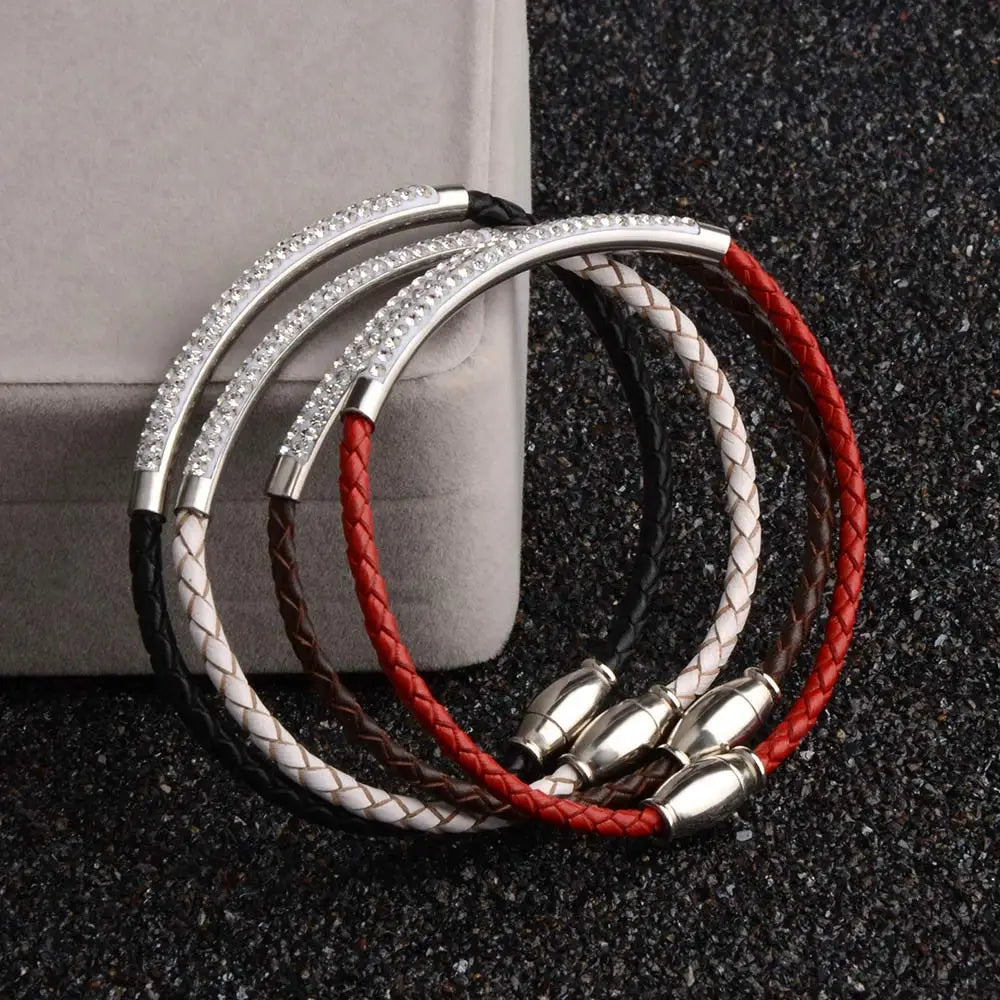 Chanfar Genuine Leather Bracelet for Women Rhinestone Pave Stainless Steel Magnetic Clasp Wrap Women Bracelet Simple Jewelry