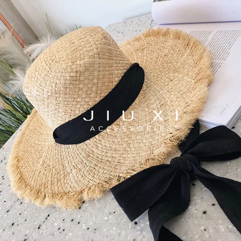 New Natural Raffia Hat Women Summer Hand Woven Straw Hat Gilrs Holiday Sun Hats Wide Brim Sun Hat Floppy Panama Travel Beach Hat