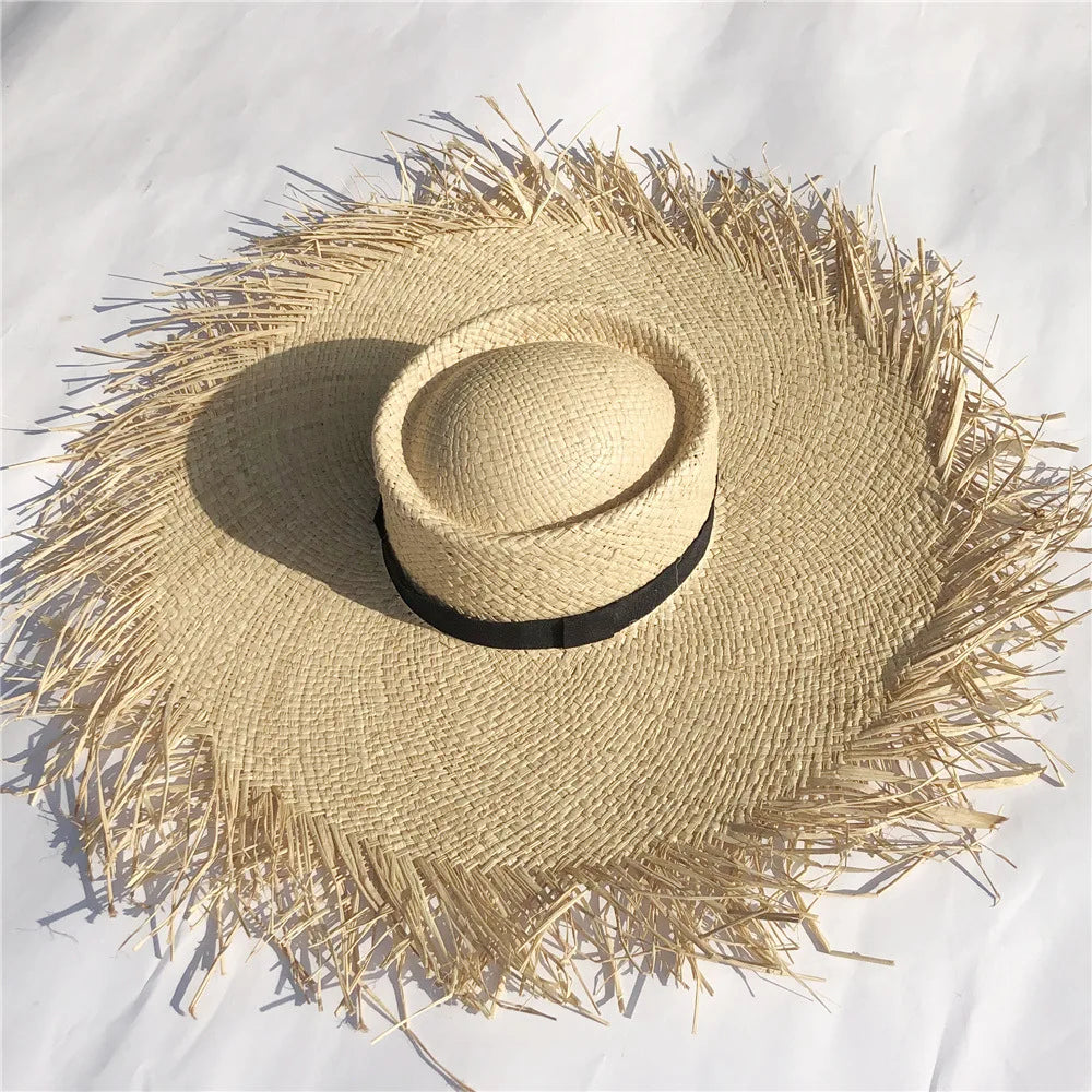 New Natural Raffia Hat Women Summer Hand Woven Straw Hat Gilrs Holiday Sun Hats Wide Brim Sun Hat Floppy Panama Travel Beach Hat