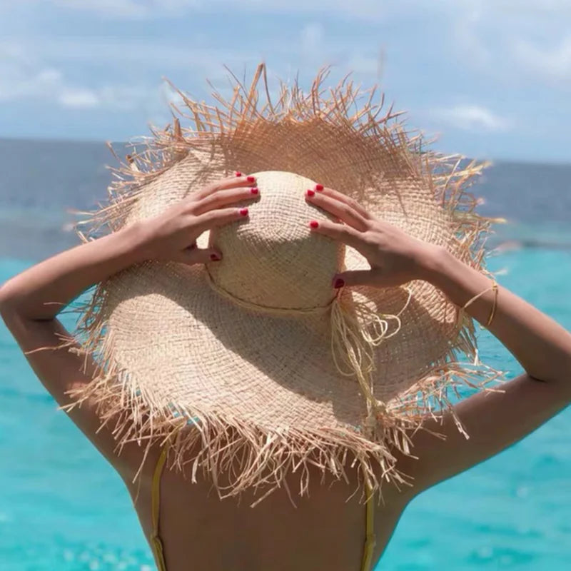 New Natural Raffia Hat Women Summer Hand Woven Straw Hat Gilrs Holiday Sun Hats Wide Brim Sun Hat Floppy Panama Travel Beach Hat