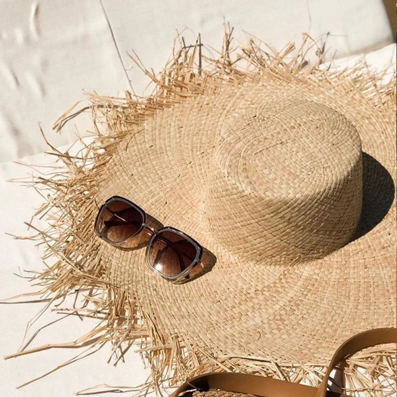 New Natural Raffia Hat Women Summer Hand Woven Straw Hat Gilrs Holiday Sun Hats Wide Brim Sun Hat Floppy Panama Travel Beach Hat