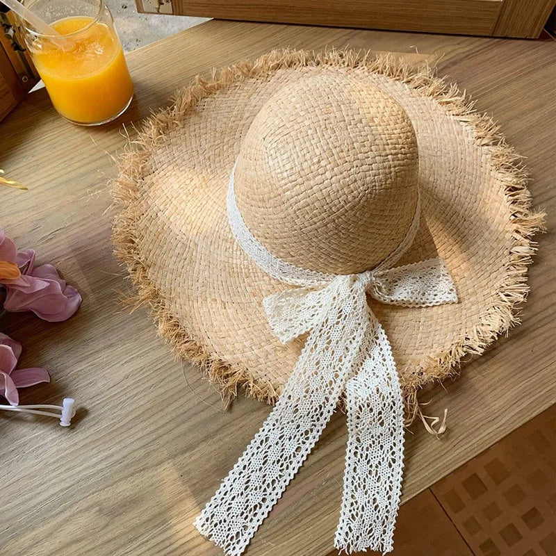 New Natural Raffia Hat Women Summer Hand Woven Straw Hat Gilrs Holiday Sun Hats Wide Brim Sun Hat Floppy Panama Travel Beach Hat