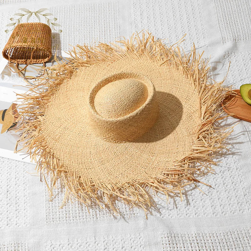 New Natural Raffia Hat Women Summer Hand Woven Straw Hat Gilrs Holiday Sun Hats Wide Brim Sun Hat Floppy Panama Travel Beach Hat