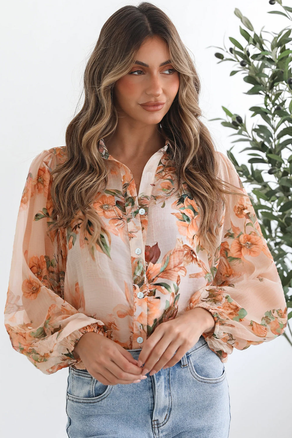 Orange Floral Puff Sleeve Lightweight Shirt