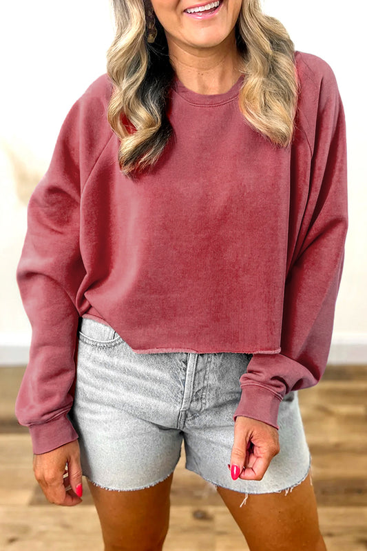 Racing Red Solid Color Raglan Sleeve Pullover Sweatshirt