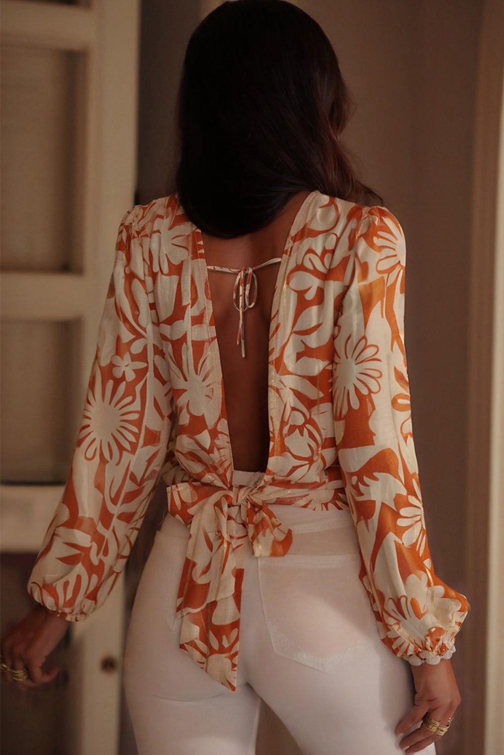 Orange Floral Print Knotted Backless Long Sleeve Blouse
