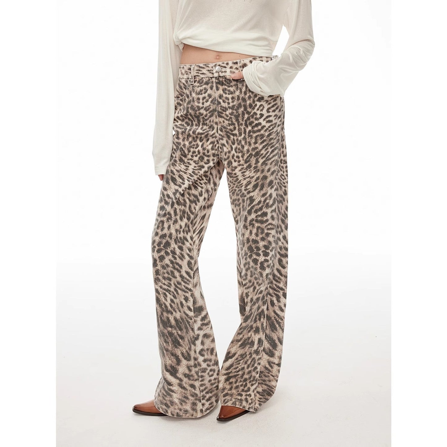 “Wild Roar”vintage Original Leopard Print Turkish Imported Washed Slimming Straight-Leg Bootcut Jeans