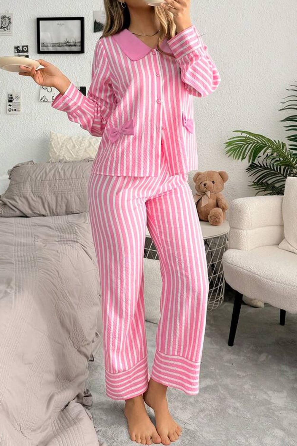 Pink Striped Sweet Bow Decor Peter Pan Collar Pullover Pants Pajama Set