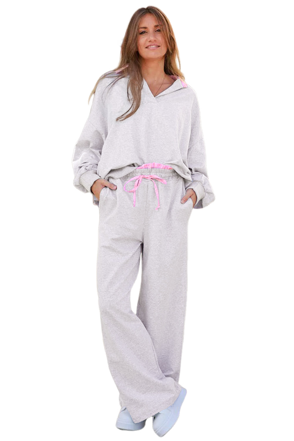 Light Grey Stripe Patchwork Loose Long Sleeve Top Drawstring Waist Pants Set