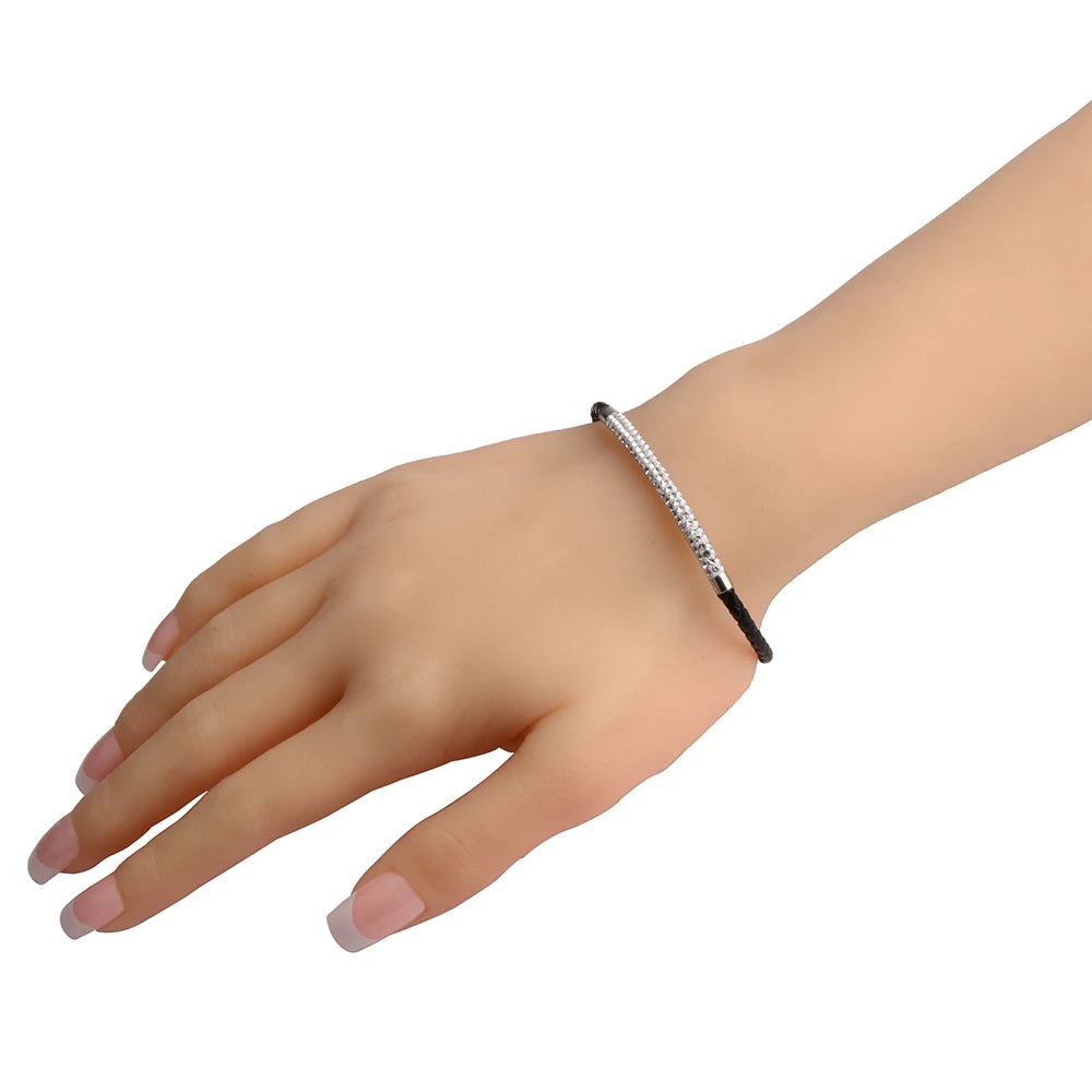 Chanfar Genuine Leather Bracelet for Women Rhinestone Pave Stainless Steel Magnetic Clasp Wrap Women Bracelet Simple Jewelry