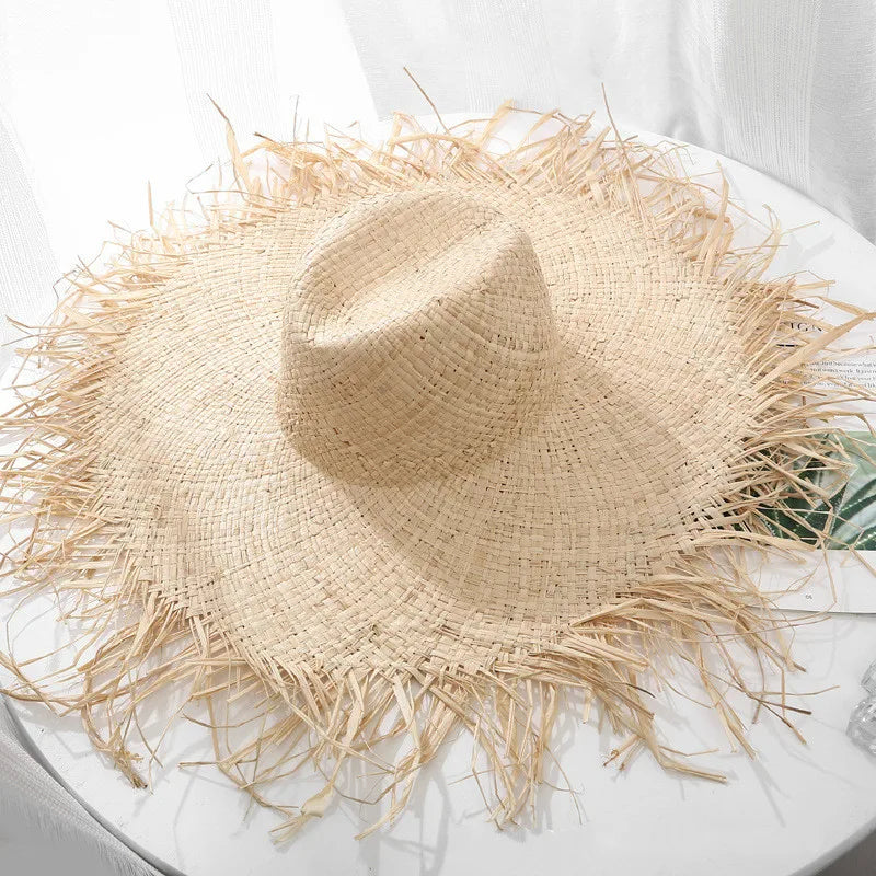 New Natural Raffia Hat Women Summer Hand Woven Straw Hat Gilrs Holiday Sun Hats Wide Brim Sun Hat Floppy Panama Travel Beach Hat