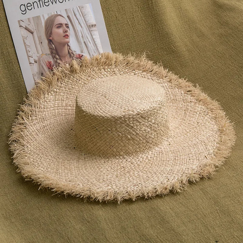 New Natural Raffia Hat Women Summer Hand Woven Straw Hat Gilrs Holiday Sun Hats Wide Brim Sun Hat Floppy Panama Travel Beach Hat